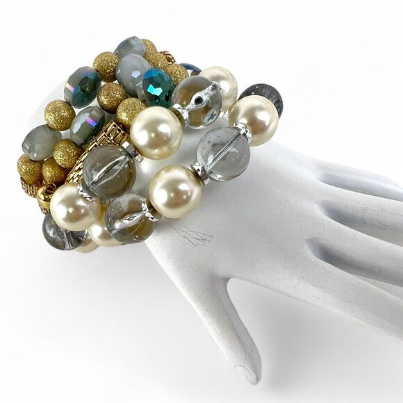 Bracelet Lot 6 Wire Coil Wrap Beaded Iridescent Colorful Charms Rhinestones - Picture 7 of 13